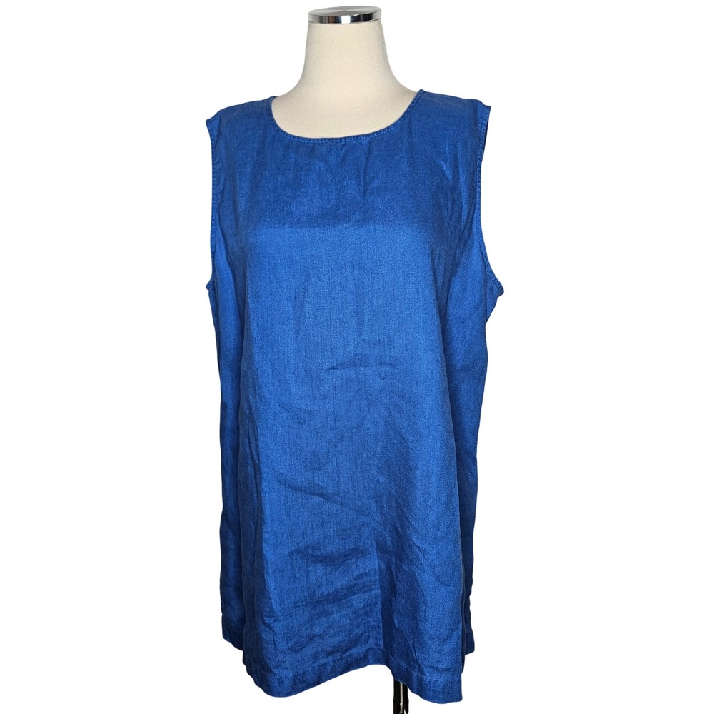 Linden Hill XL Blue 100% Linen Sleeveless Tunic Top Side Zip Round Neck Tank